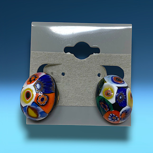 Vintage 1980s Millefiori Italian Glass Oval Clip On Earrings Murano Style Carded - Picture 4 of 5